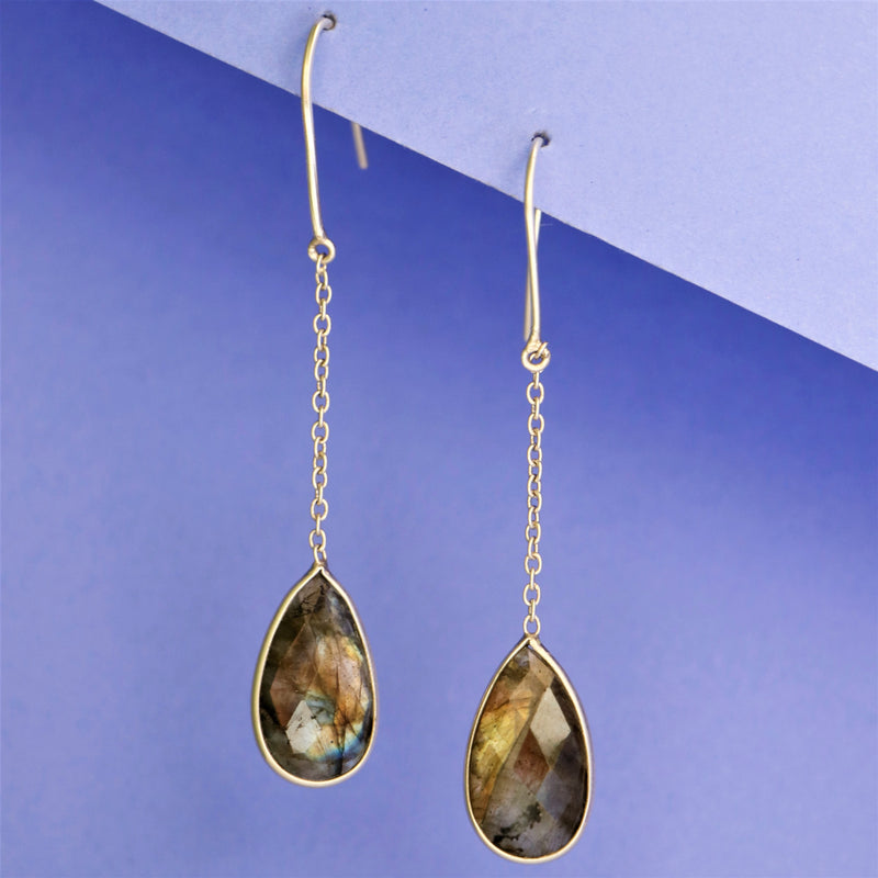 Enchating Labradorite Gem Stone Pear Earring With Curb Link Chain With Purple Background 