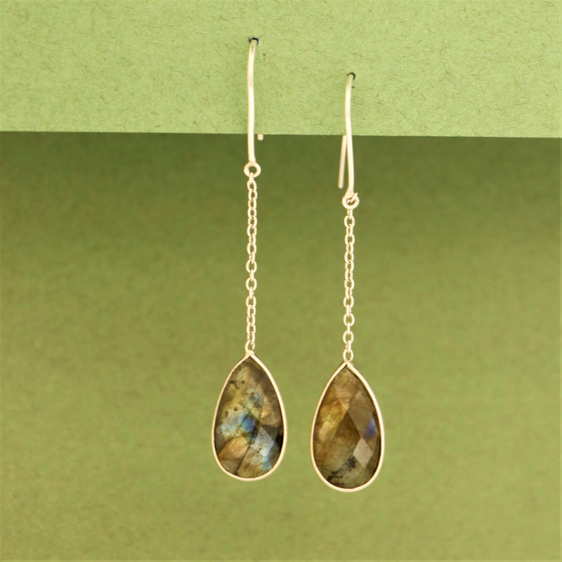 Enchating Labradorite Gem Stone Pear Earring With Curb Link Chain With Green Background