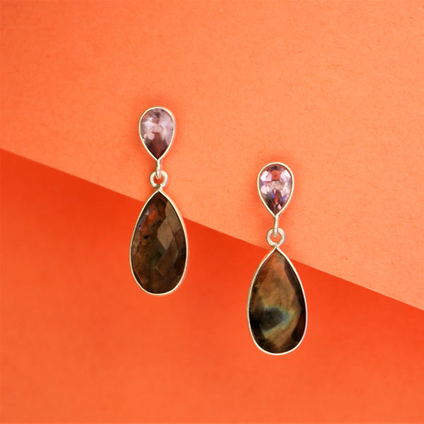 Handcrafted 925 Sterling Silver Pear Shape  Labradorite Gem Stone  Earring With Orange Background  Gem  Stone Colour Brown Shade  Any  Type OutFit Wear After Look So Unique 