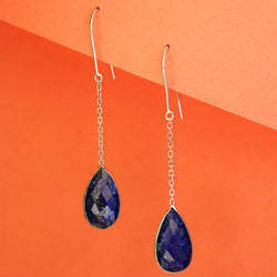 Enchating Sparkle Allure Lapis Lazuli  Gem Stone Drop Dangle Earring With Curb Link Chain