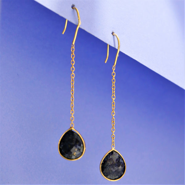 Hand crafted in 925 Sterling Silver Stone Blue Sapphire Gold Plated Chain Earring 