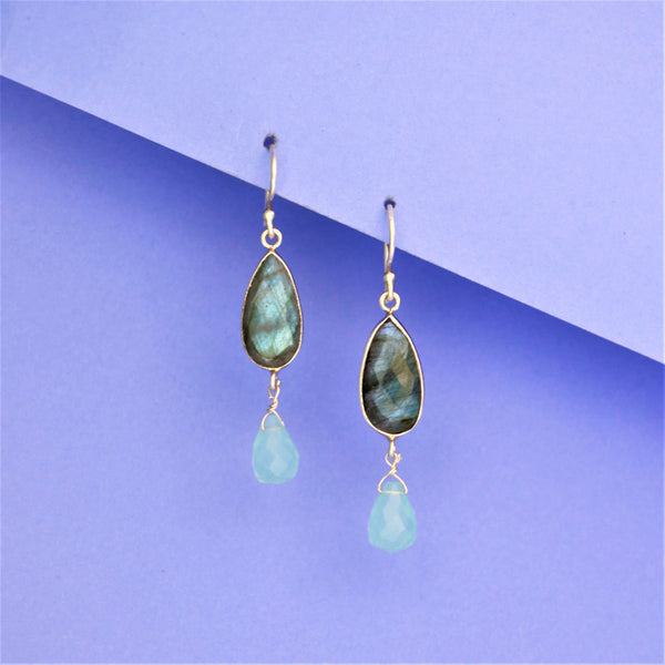 Handcrafted 925 Sterling Silver Labradorite & Chalcedony Gem Stone  Drop Shape Earring  Colour Combination WIth Blue Background 