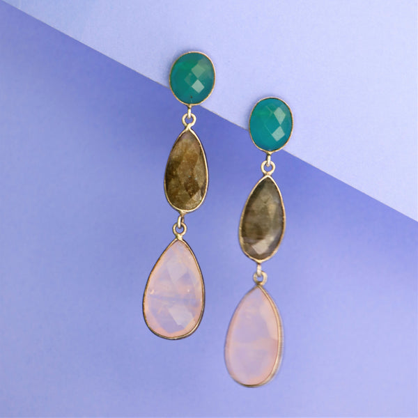 Rose Quartz Labradorite Green Onyx Pear Drop Silver Earring - Anjoriya Jewels