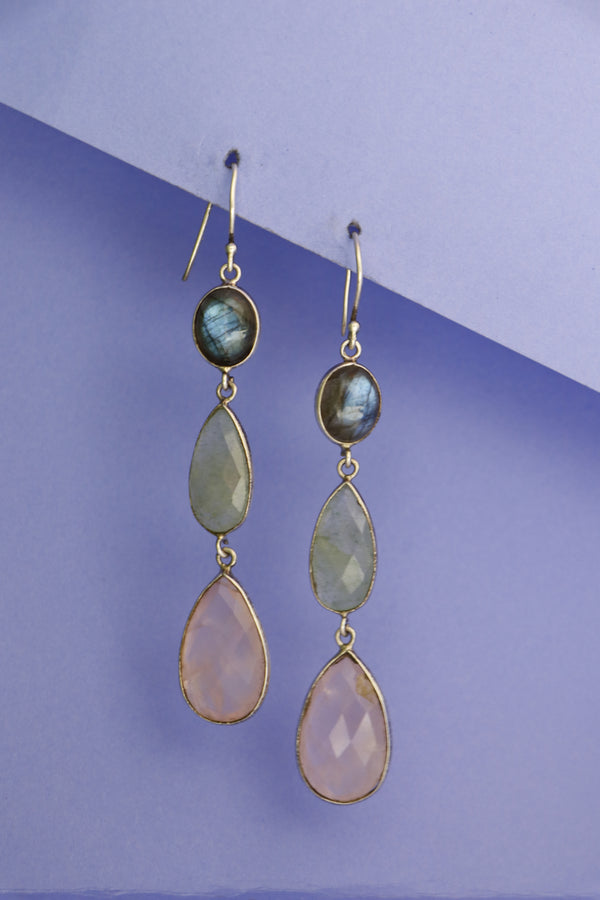 Rose Quartz Labradorite Pear Drop Silver Earring - Anjoriya Jewels