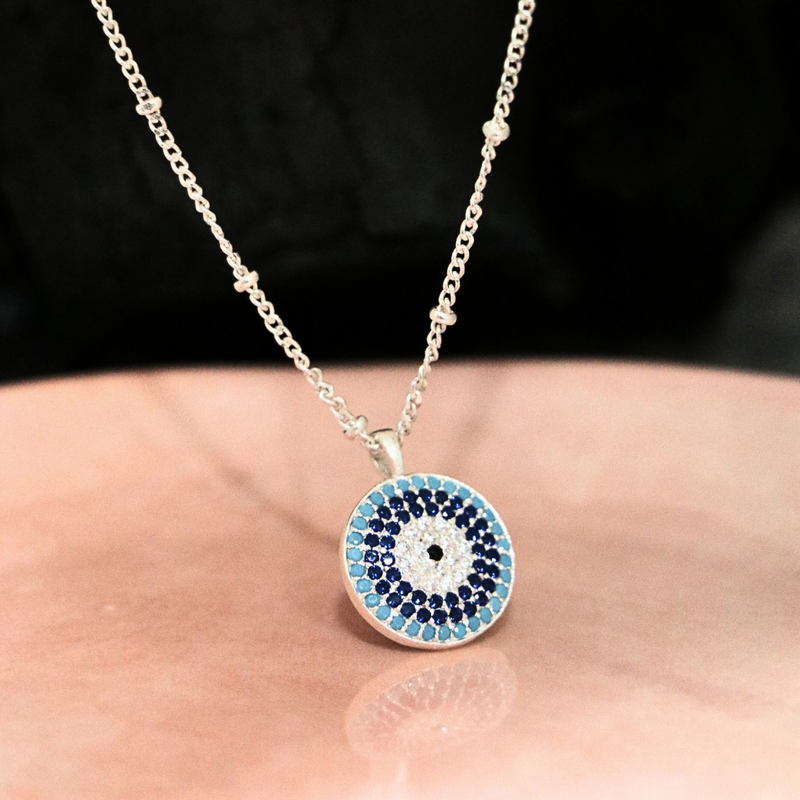 Divine Evil Eye Sterling Silver Charm Pendant With Link Chain