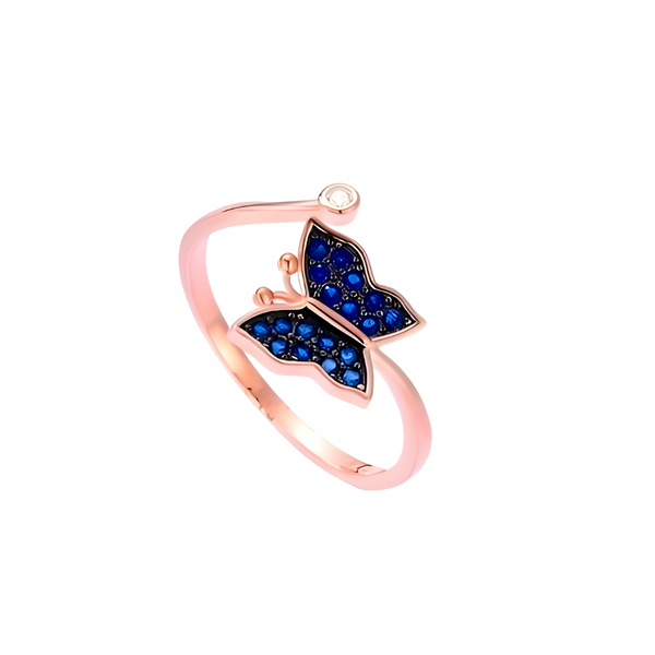 Rose Gold-Plated Butterfly Blue Crystal Studded Silver Ring