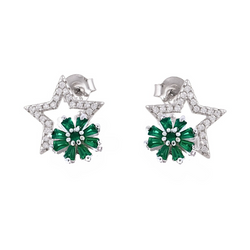 Green Crystal Rotating Flower Star Stud Silver Earrings