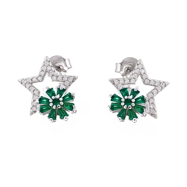 Green Crystal Rotating Flower Star Stud Silver Earrings