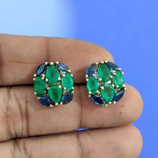 Emerald Blue Sapphire Sterling Silver Oval Tops Earring - Anjoriya Jewels