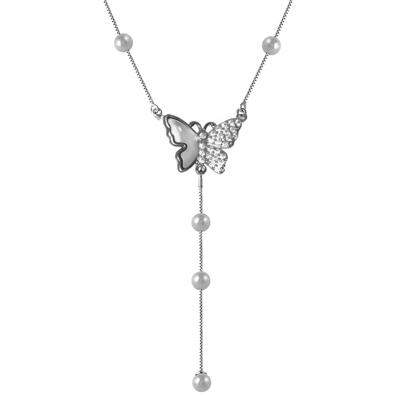Charming Butterfly Motifs Pearl 925 Sterling Silver Adjustable Necklace