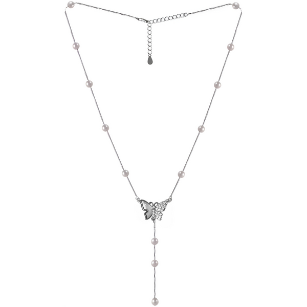 Charming Butterfly Motifs Pearl 925 Sterling Silver Adjustable Necklace