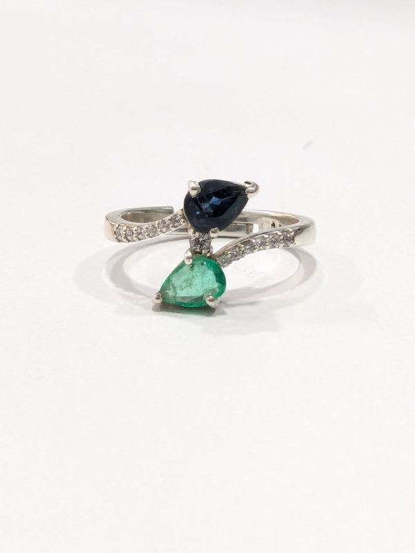 Emerald Blue Sapphire Pan Sterling Silver Adjustable Ring