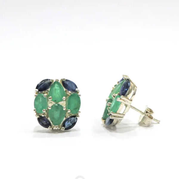 Emerald Blue Sapphire Sterling Silver Oval Tops Earring