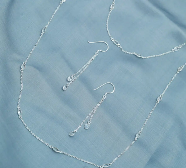 White Topaz 6*4mm oval cut Silver Chain Earring Set - Anjoriya Jewels