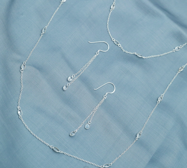 White Topaz 6*4mm oval cut Silver Chain Earring Set