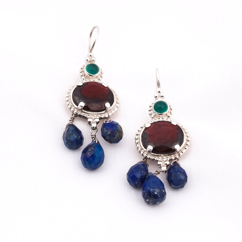 Green Onyx Lapis Garnet Drop Earrings