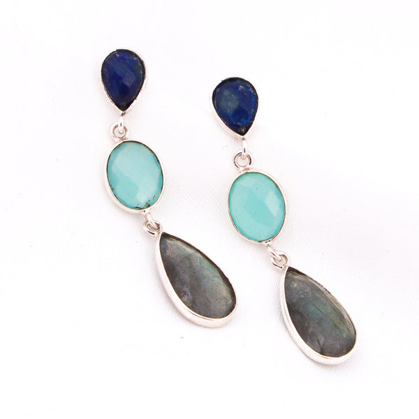 Handcrafted In 925 Sterling Silver Labradorite And Lapis Lazuli  With Oval Cut  Calcedony Ae The Three Type Of Gems Stones Are Bidded In One Earring  For Casually Use Purpose  Earring 