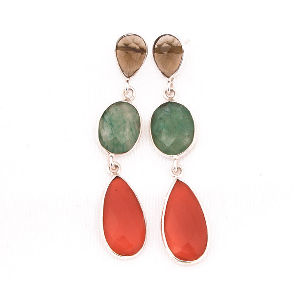 Handcrafted 925 Sterling Silver Red Onyx & Smoky Topaz  And Natural Pear Shape Earring  In top OF Gem Stone Is Labradorite With White Background 