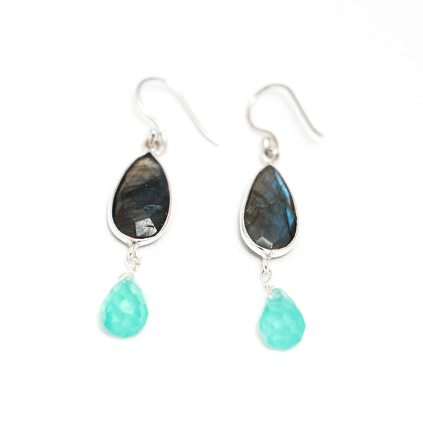 Handcrafted 925 Sterling Silver Labradorite & Chalcedony Gem Stone Drop Shape Earring Colour Combination With White Background