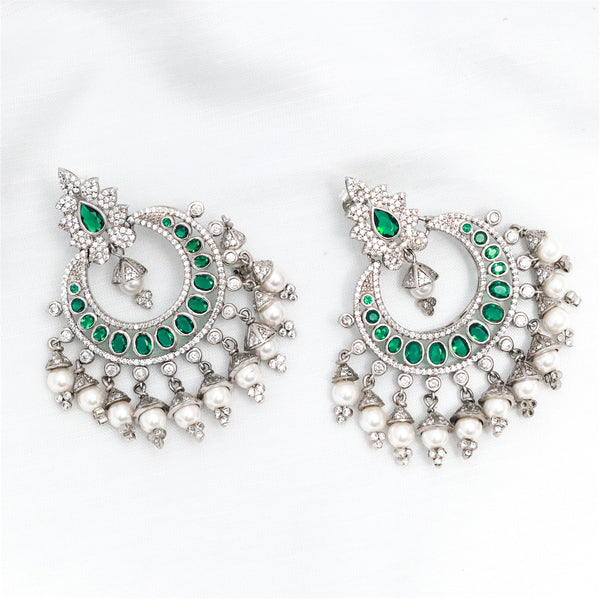 Handcrafted in 925 Sterling Silver Earring Green Emerald Gem stone Half Cut Moon DEsign  Studded With Cubic Zirconia