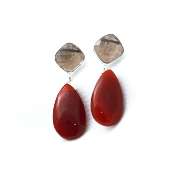 Smoky Topaz Red Coral Drop Earring