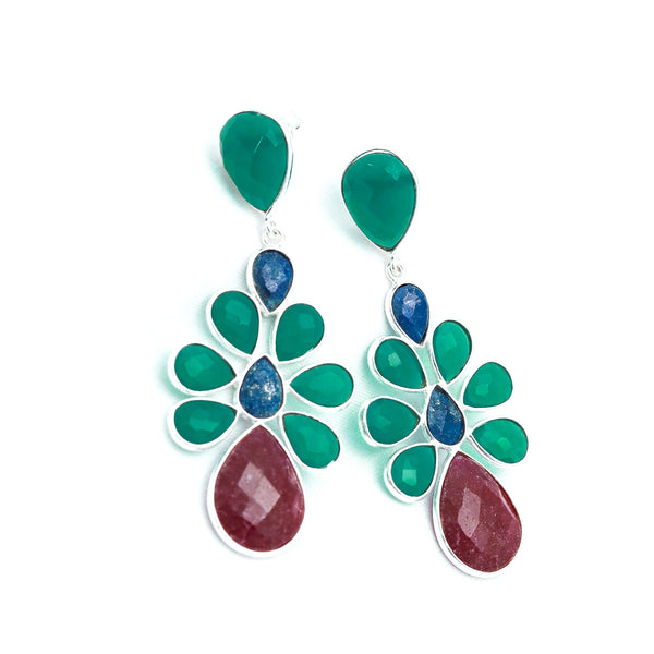 Lapis Green Onyx Floral Sterling Silver Earring