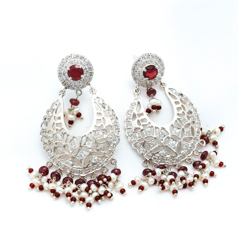 92.5% Sterling Silver Ruby Chand Bali Earrings.