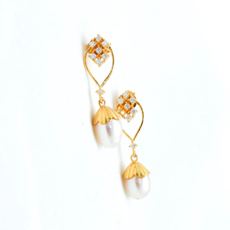 Pearl Moissanite Gold Plated Sterling Silver Drop Earring - Anjoriya Jewels
