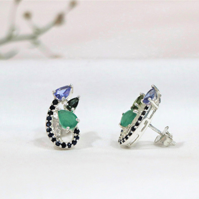 Emerald Tanzanite Sterling Silver Pear  Tops Earring