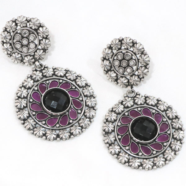 Handcrafted In 925 Sterling Silver Studded With Center Black Onyx  Halo of  Amethyist Stone With Oxidised  Earring 