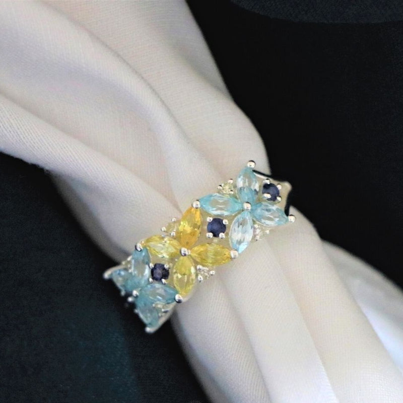 Yellow Sapphire Aquamarine Marquise Sterling Silver Ring