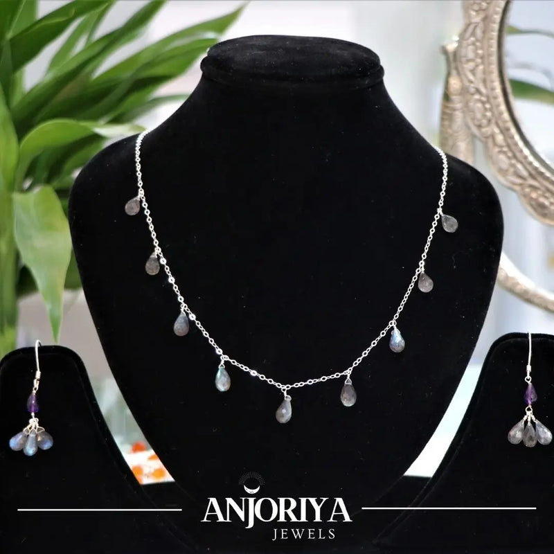 Labradorite Amethyst Drop Silver Necklace Set