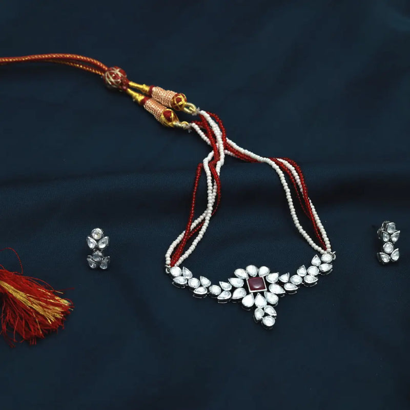 Red Onyx Polki  Sterling Silver Choker Set - Anjoriya Jewels
