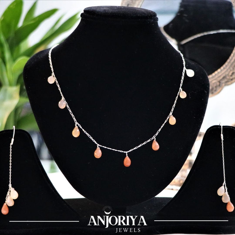 Red Onyx Moon Stone Drop Silver Necklace Set