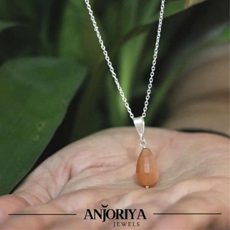 Moon Stone Drop Sterling Silver Pendant With Link Chain