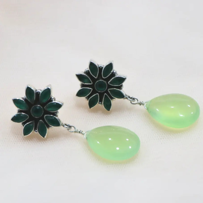 Green Onyx Chalcedony Flower Drop Sterling Silver Earring