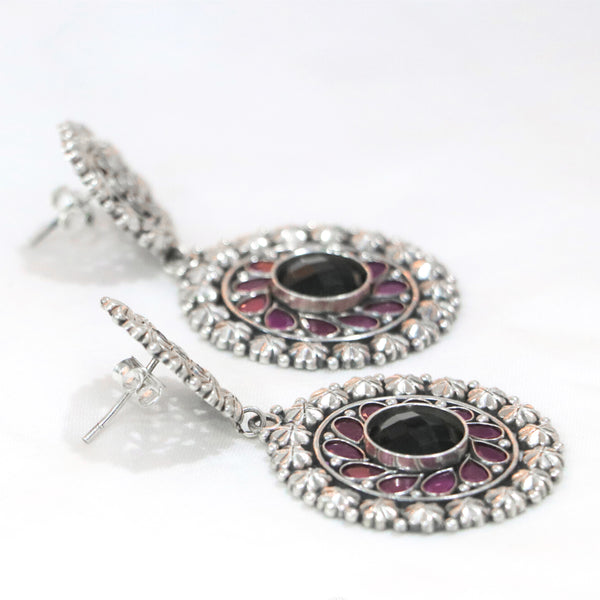 Handcrafted In 925 Sterling Silver Studded With Center Black Onyx Halo of Amethyist Stone With Oxidised Earring With White Background 