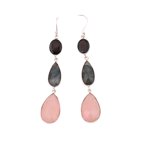 Rose Quartz Labradorite Garnet Pear Drop Silver Earring - Anjoriya Jewels