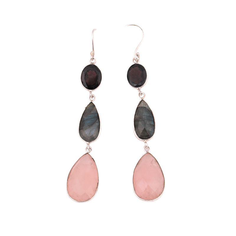 Rose Quartz Labradorite Garnet Pear Drop Silver Earring