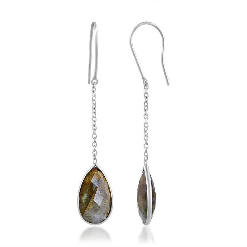Enchating Labradorite Gem Stone Pear Earring With Curb Link Chain With White Background