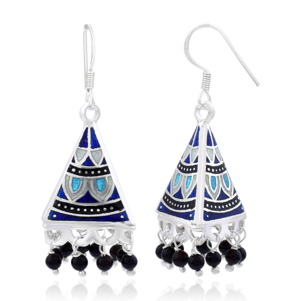 Handcrafted 925 Sterling Silver Triangle shape Traditional Handwork Meenakari Jhumki Earring  Studded With Black Pearl 