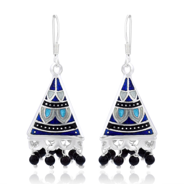 Handcrafted 925 Sterling Silver Triangle shape Traditional Handwork Meenakari Jhumki Earring Studded With Black Pearl With White Background 