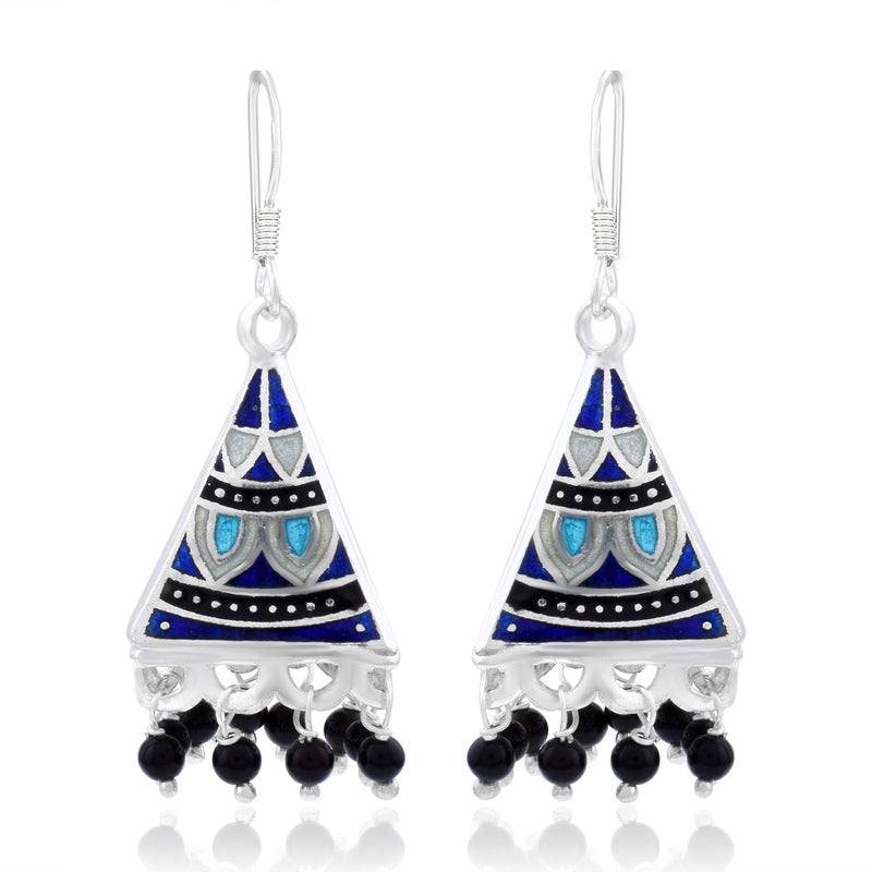 Handcrafted 925 Sterling Silver Triangle shape Traditional Handwork Meenakari Jhumki Earring Studded With Black Pearl With White Background 