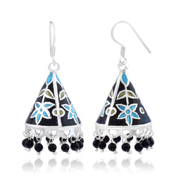 Handcrafted 925 Sterling Silver Triangle shape Traditional Handwork Meenakari Jhumki Earring Studded With Black Pearl