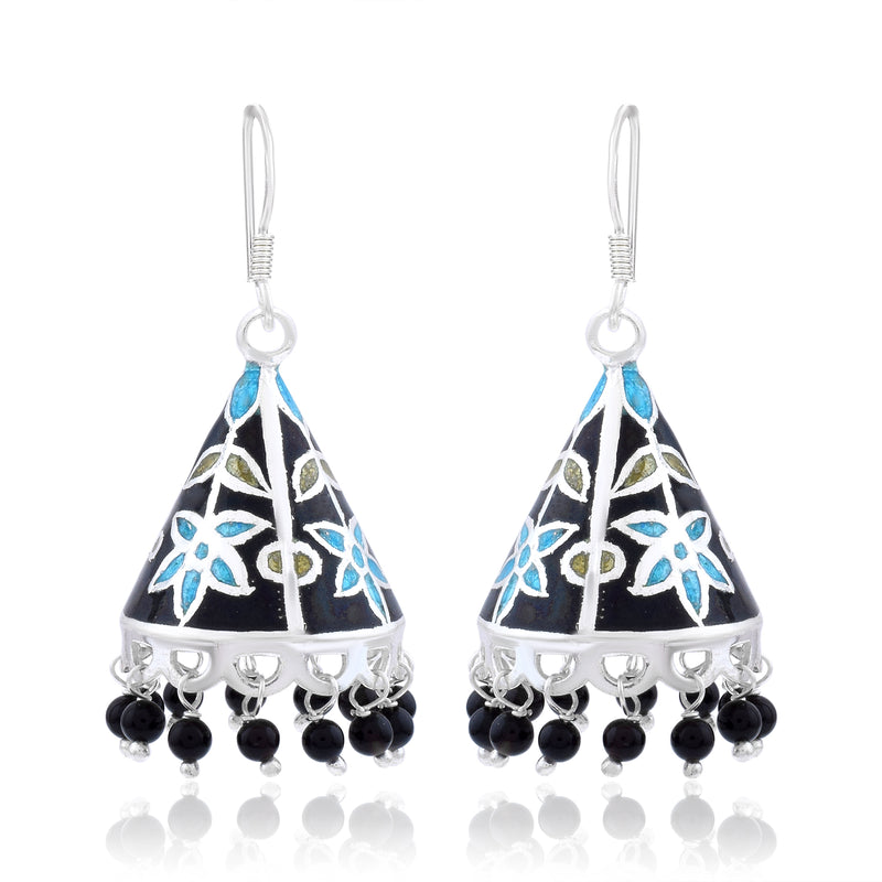 Handcrafted 925 Sterling Silver Triangle shape Traditional Handwork Meenakari Jhumki Earring Studded With Black Pearl