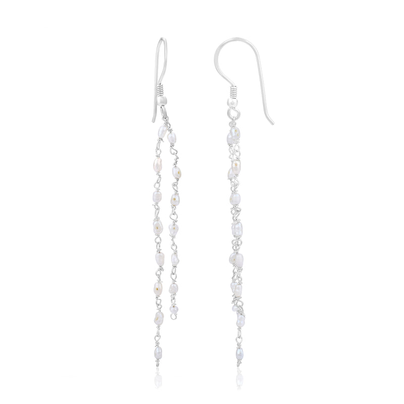 Handcrafted 925 Sterling Silver Freshwater Pearl Gem Stone Dangle Earring Studded With Silver Chain Long Tassel Pearl Dangle Earrings - Dangling Hanging Freshwater Pearl Drop Dangle Earring for Women Girl Bridal Wedding Gift With White Background