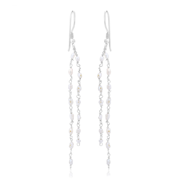 Handcrafted 925 Sterling Silver Freshwater Pearl Gem Stone Dangle Earring Studded With Silver Chain Long Tassel Pearl Dangle Earrings - Dangling Hanging Freshwater Pearl Drop Dangle Earring for Women Girl Bridal Wedding Gift With White  Background