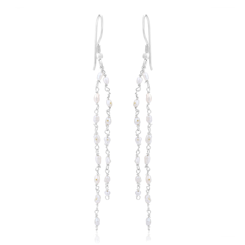 Handcrafted 925 Sterling Silver Freshwater Pearl Gem Stone Dangle Earring Studded With Silver Chain Long Tassel Pearl Dangle Earrings - Dangling Hanging Freshwater Pearl Drop Dangle Earring for Women Girl Bridal Wedding Gift With White  Background