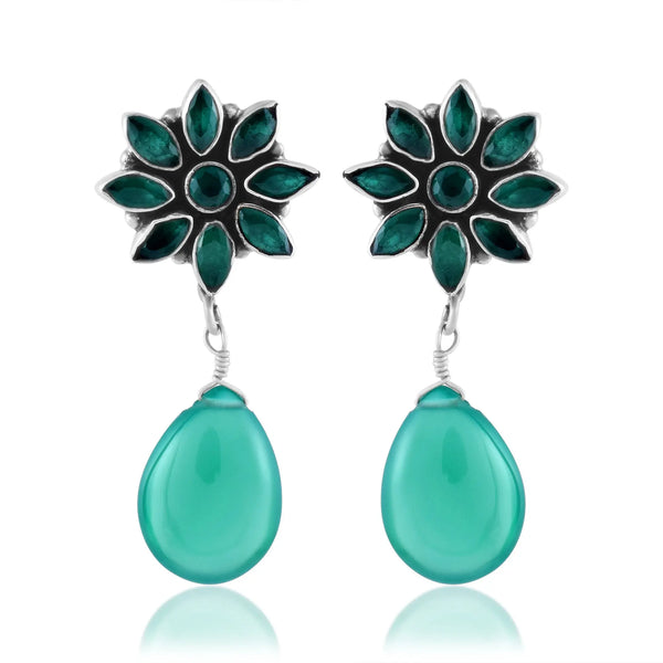 Handcrafted in 925 Sterling Silver Earring Green Onyx Gem stone & Flower Drop Shape 