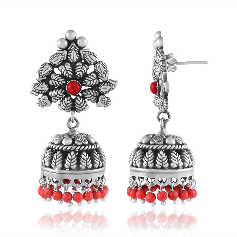 Oxidized Silver Coral Jhumki Earrings
